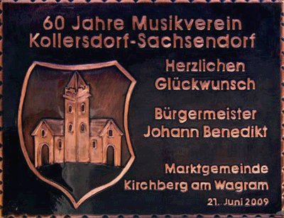 Kupferbild    Marktgmeinde Kirchberg am Wagram  Musikkapelle Kollersdorf Sachsendorf                                                              jedes Bild ein "Unikat"
 Kupferrelief  Handarbeit