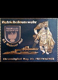      Gemeindewappen             
 Klosterneuburg Weisser Hof Betriebs Feuerwehr                                                                                  jedes Bild ein "Unikat"
 Kupferrelief  Handarbeit