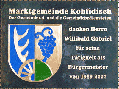                                                                    
Gemeindewappen                      
 Kohfidisch Bürgermeister      
  
                                            
 Steiermark                                                                               jedes Bild ein "Unikat"
 Kupferrelief  Handarbeit