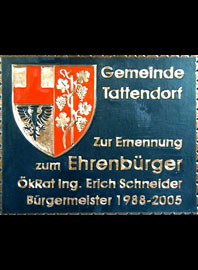                                                                              Gemeindewappen                                 
Marktgemeinde Tattendorf                 
Bezirk Baden                               Niederösterreich                                                  
                          
jedes Bild ein "Unikat"
 Kupferrelief  Handarbeit
