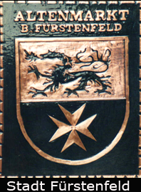                                                                    
Gemeindewappen                              Altenmarkt bei Fürstenfeld  (Ehemalige Gemeinden Altenmarkt bei   Fürstenfeld Speltenbach, Stadtbergen )             
                                        
   Bezirk   Fürstenfeld                       Bezirk Murtal   
 Steiermark                                                                      jedes Bild ein "Unikat"
 Kupferrelief  Handarbeit