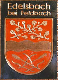                                                                  
Gemeindewappen                      
Gemeinde Edelsbach bei Feldbach  
Bezirk Südoststeiermark    
                                            
 Steiermark                                                                               jedes Bild ein "Unikat"
 Kupferrelief  Handarbeit