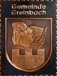                                                                
Gemeindewappen              
Gemeinde Greinbach                                                                                                       
                                        
                         
Bezirk Hartberg-Fürstenfeld  
 Steiermark                                                                      jedes Bild ein "Unikat"
 Kupferrelief  Handarbeit