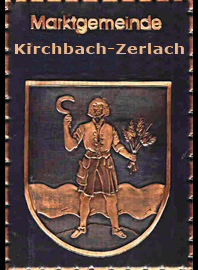                                                      
Gemeindewappen             
 Marktgemeinde Kirchbach-Zerlach                              
                                                                                        
                    
  Bezirk Südoststeiermark               
 Steiermark                                                                                       jedes Bild ein "Unikat"
 Kupferrelief  Handarbeit
