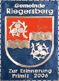                                                       
Gemeindewappen             
Gemeinde Riegersberg                        
                     
  Bezirk  Hartberg-Fürstenfeld                
 Steiermark                                                                                       jedes Bild ein "Unikat"
 Kupferrelief  Handarbeit