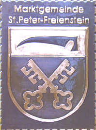                                                                    
Gemeindewappen                         
Marktgemeinde
Sankt Peter-Freienstein                       
                         
Bezirk  Leoben Steiermark 
                                  
 Steiermark                                                                               jedes Bild ein "Unikat"
 Kupferrelief  Handarbeit