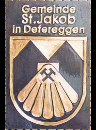                                                                    
Gemeindewappen                  
Gemeinde Sankt Jakob in Defereggen      
                                                          
Bezirk Lienz Tirol                                                              jedes Bild ein "Unikat"
 Kupferrelief  Handarbeit