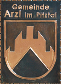                                                                    Gemeindewappen                     Gemeinde Arzl im Pitztal Tirol                                                                                                                      jedes Bild ein "Unikat"
 Kupferrelief  Handarbeit